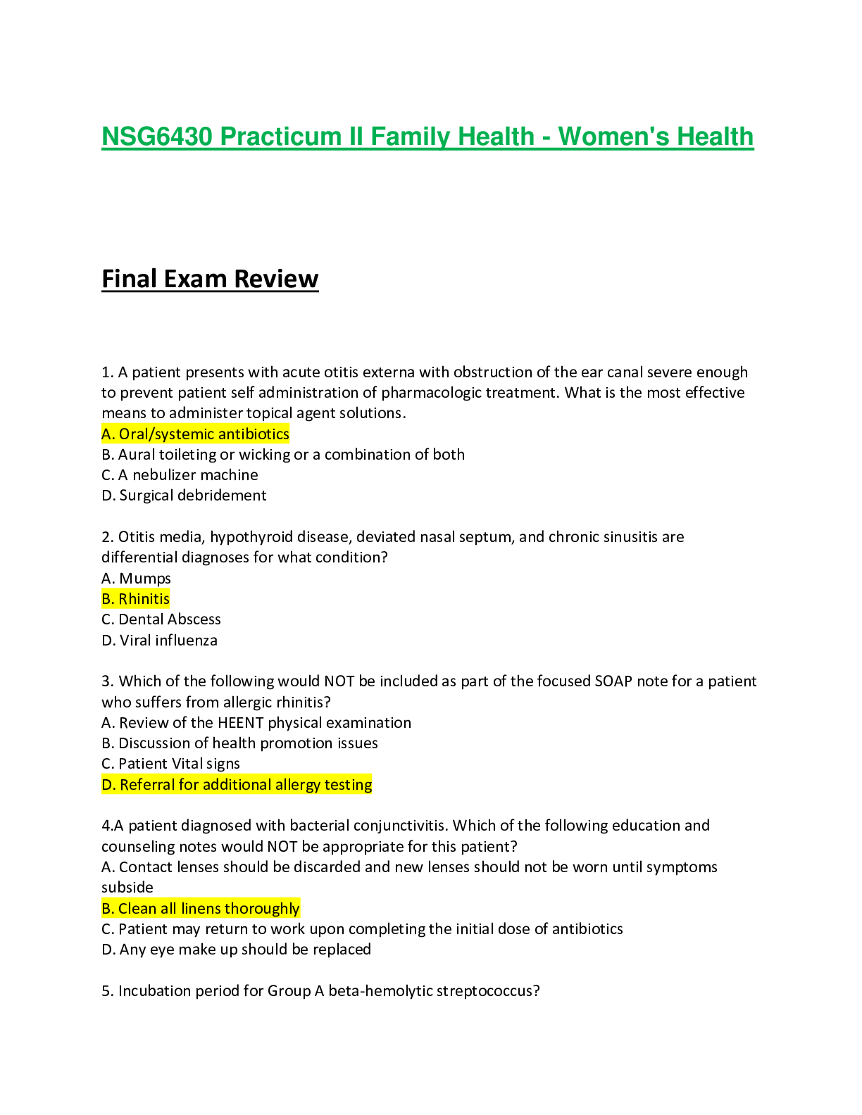 Preview of NSG6430 FINAL Exam / NSG 6430 FINAL Exam (Latest 2020/2021) graded A: South University